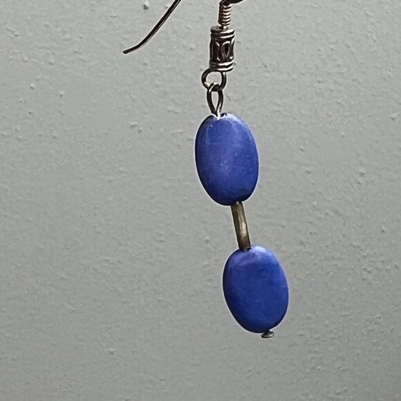 Blue Stone Dangle Earrings Silver Bead Hook - Picture 4 of 4